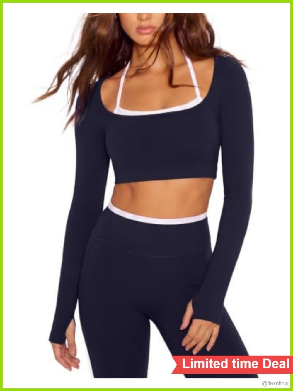 SUUKSESS Long Sleeve Workout Set Halter Top Tummy Control Leggings with Pockets